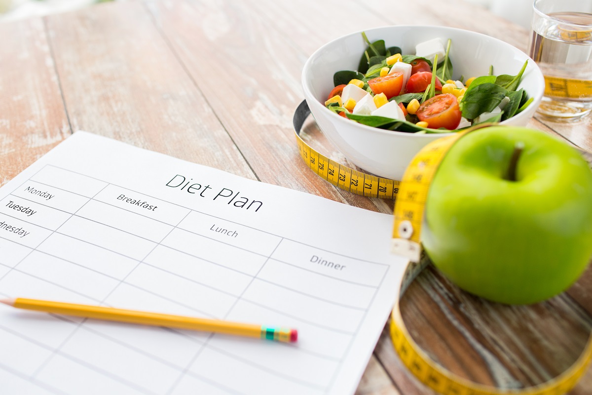 diet plan paper with green apple, measuring tape, and salad
